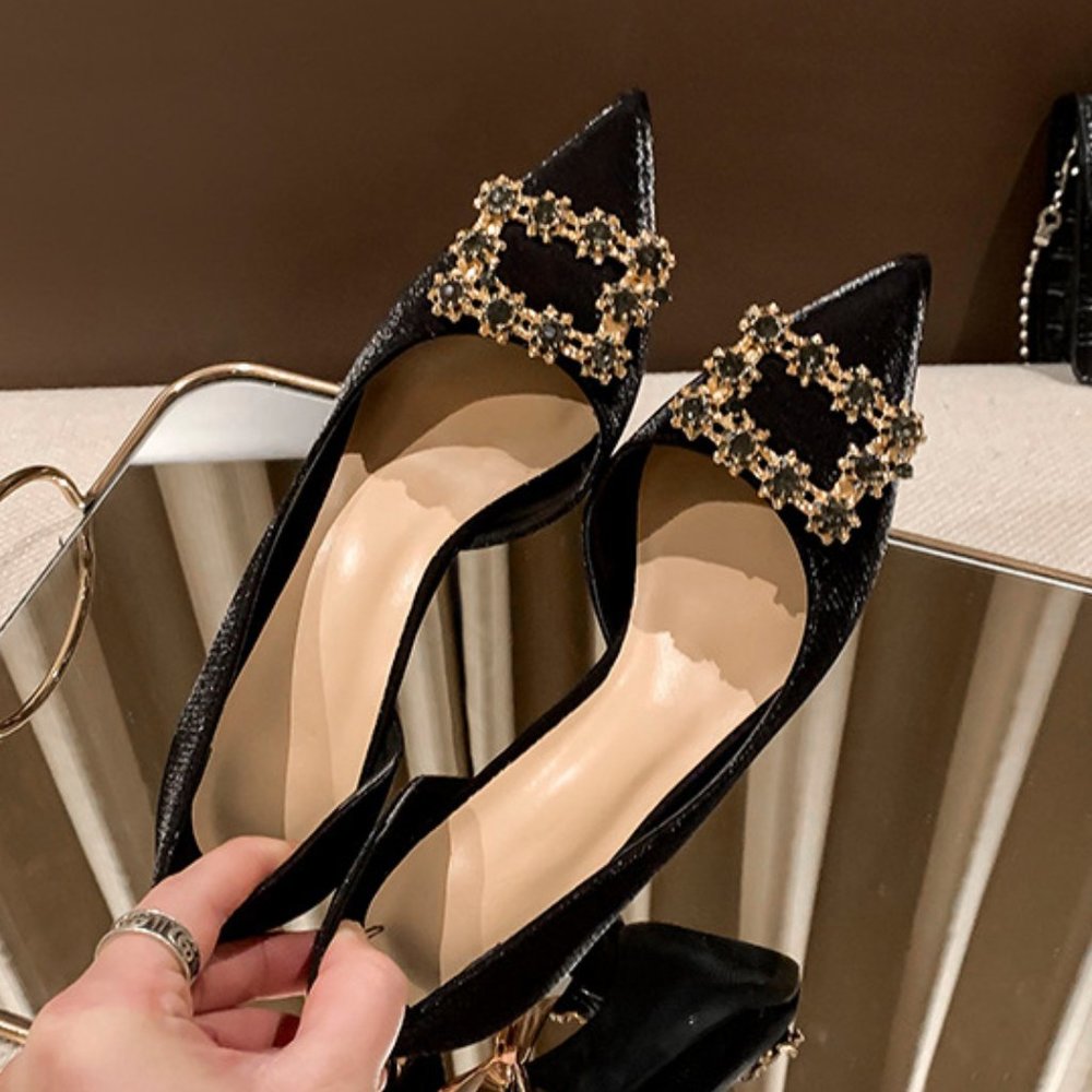Diamond high -heeled shoes red side empty shoes